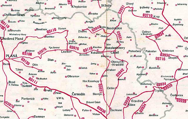 Mapa autobusových tratí v roce 1961.