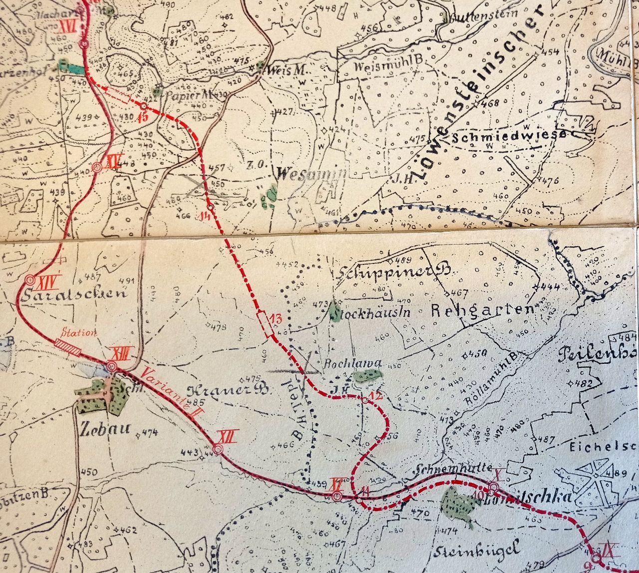 Uvažovaná variantní trasa železnice z roku 1893 mezi Cebiví a dnenší zastávkou Strahov.  